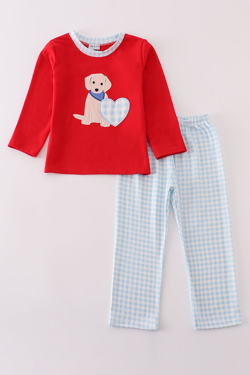 Boys Valentines Puppy Appliqué Pants Set