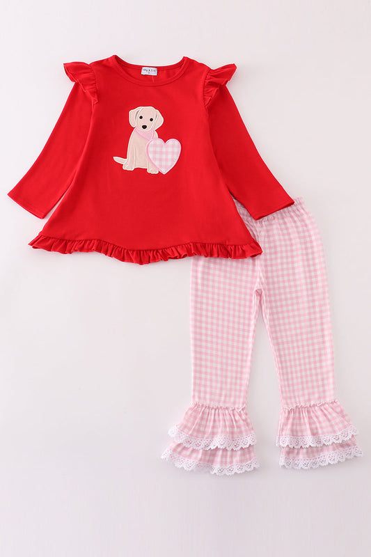 Girls Valentines Puppy Appliqué Pants Set