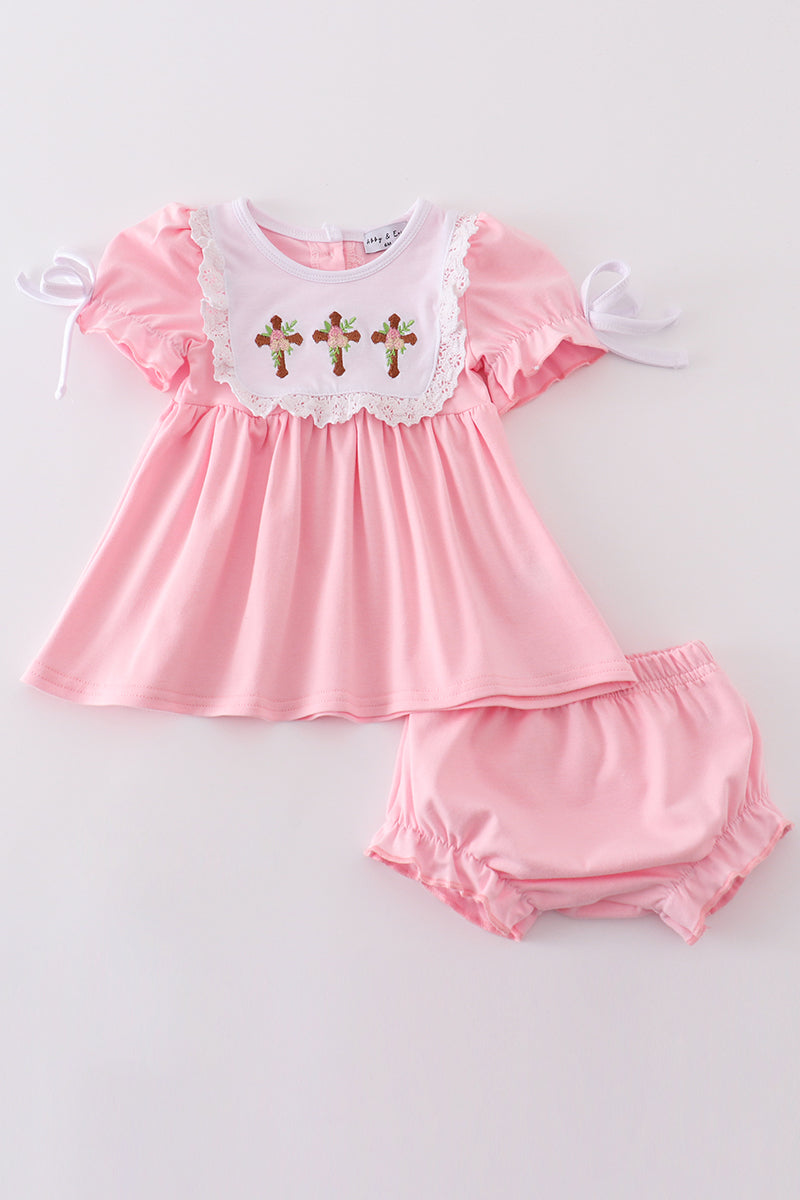 Girls Embroidered Easter Cross Bloomer Set