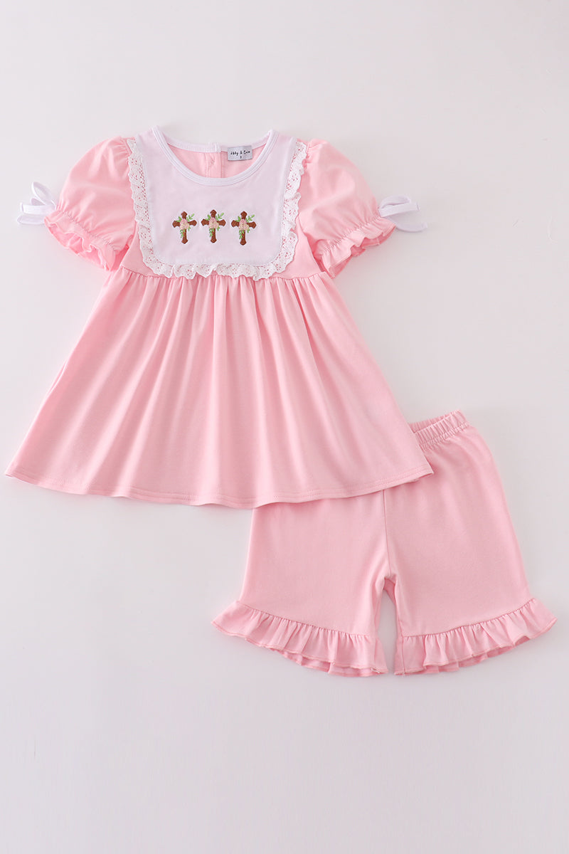 Girls Embroidered Easter Cross Shorts Set