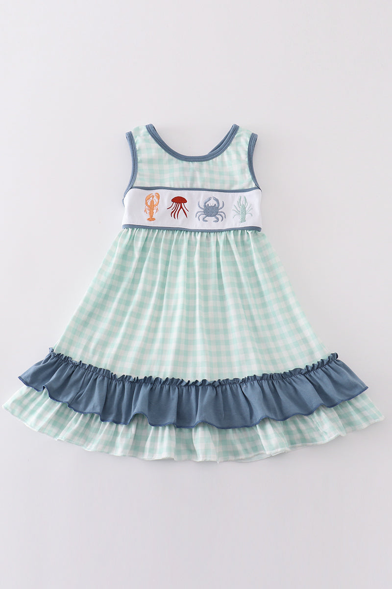 Girls Embroidered Blue Marine Creature Dress