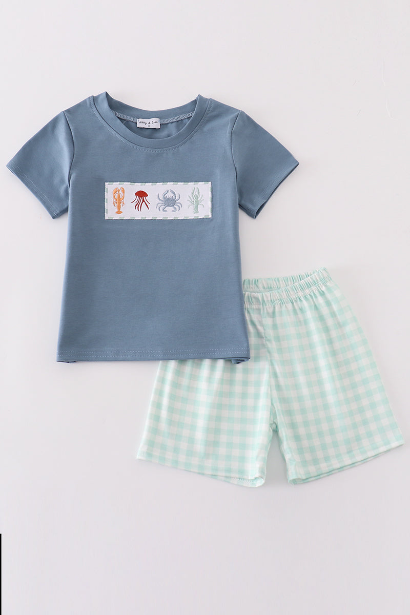 Boys Embroidered Blue Marine Creature Shorts Set