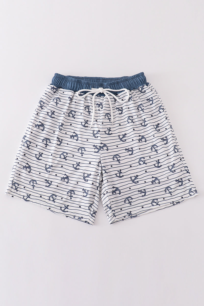 Mens Blue Stripe Anchor Swim Trunks