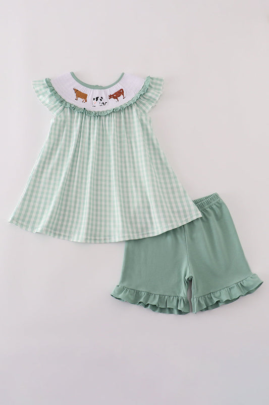 Girls Green Gingham Embroidered Cow Shorts