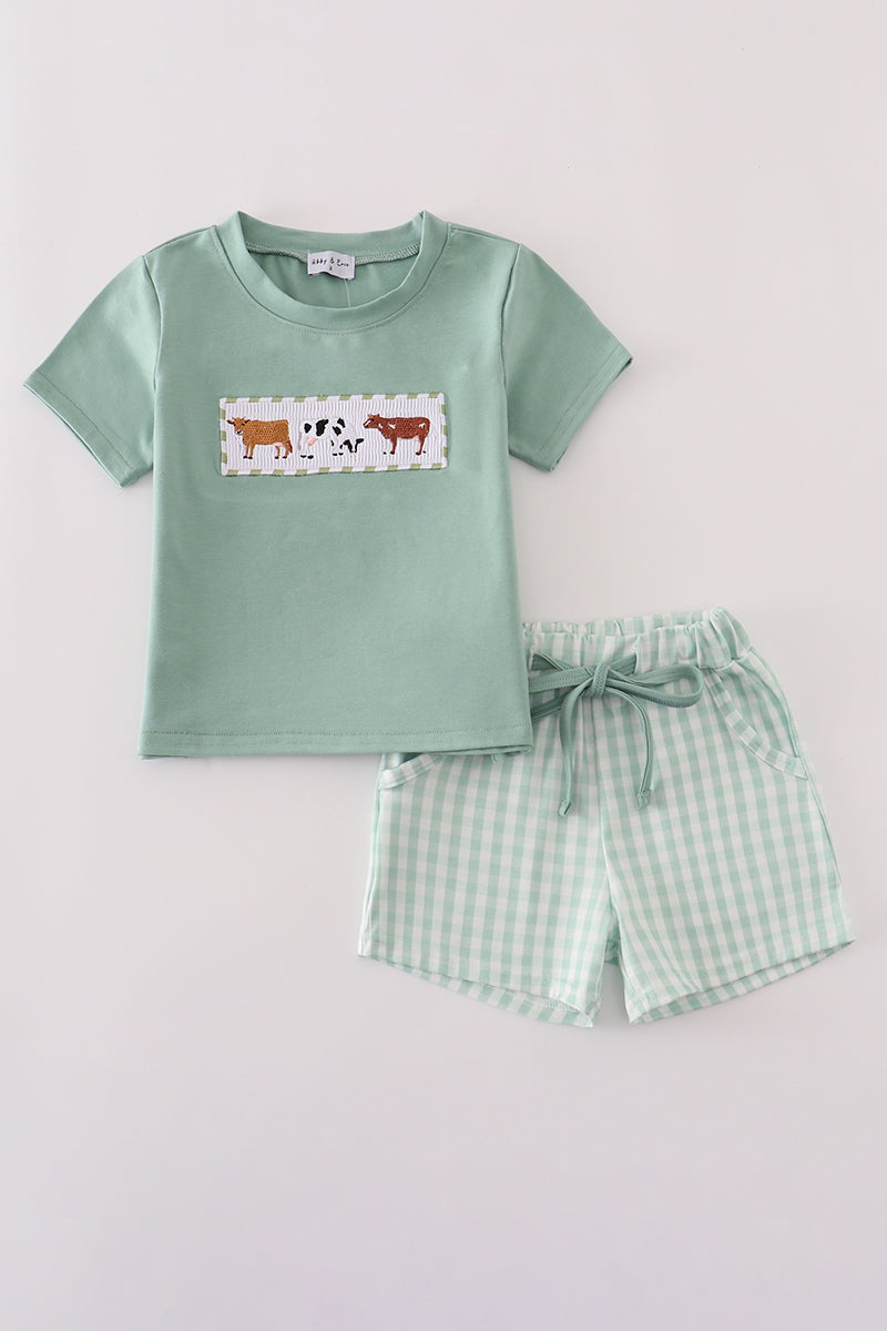 Boys Green Gingham Embroidered Cow Shorts