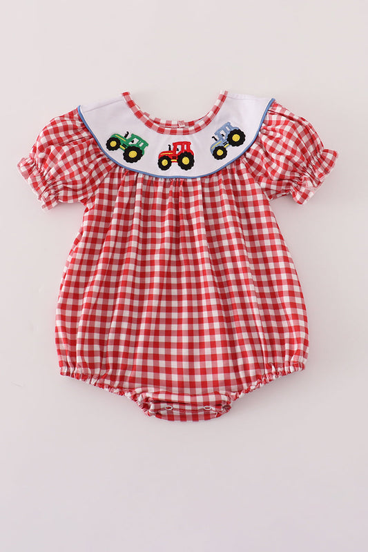 Girls Red Gingham Embroidered Tractor Bubble