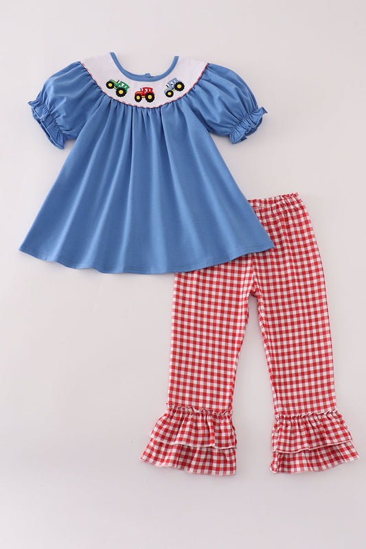 Girls Red Gingham Embroidered Tractor Pants Set