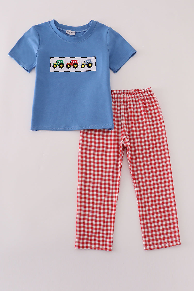 Boys Red Gingham Embroidered Tractor Pants Set