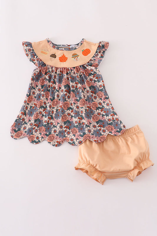 Girls Fall Floral Embroidered Pumpkin Bloomer Set