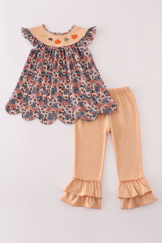 Girls Fall Floral Embroidered Pumpkin Pants Set