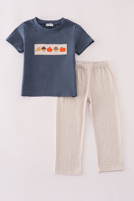 Boys Embroidered Navy Fall Pumpkin Pants Set