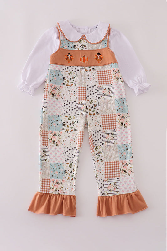 Girls Embroidered Fall Floral Turkey 2 Piece Romper Set