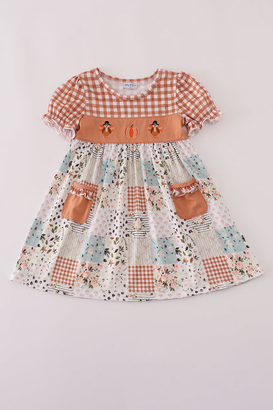 Girls Embroidered Fall Floral Turkey Dress