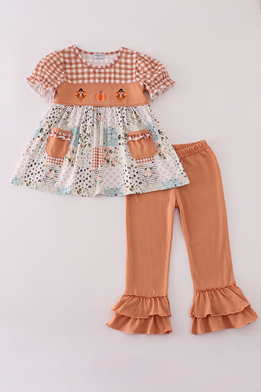 Girls Embroidered Fall Floral Turkey Pants Set