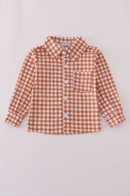 Boys Fall Orange Check Button Down Shirt