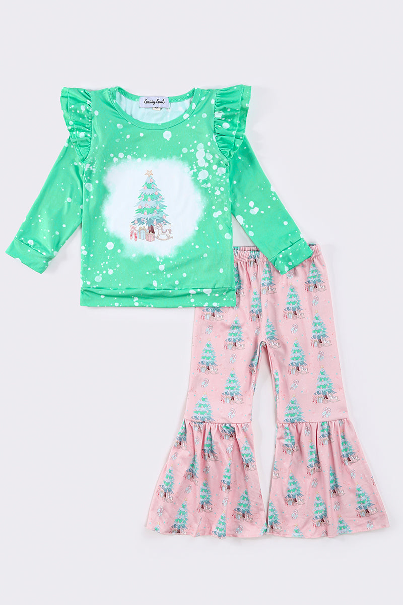 Girls Pink Christmas Tree Pants Set