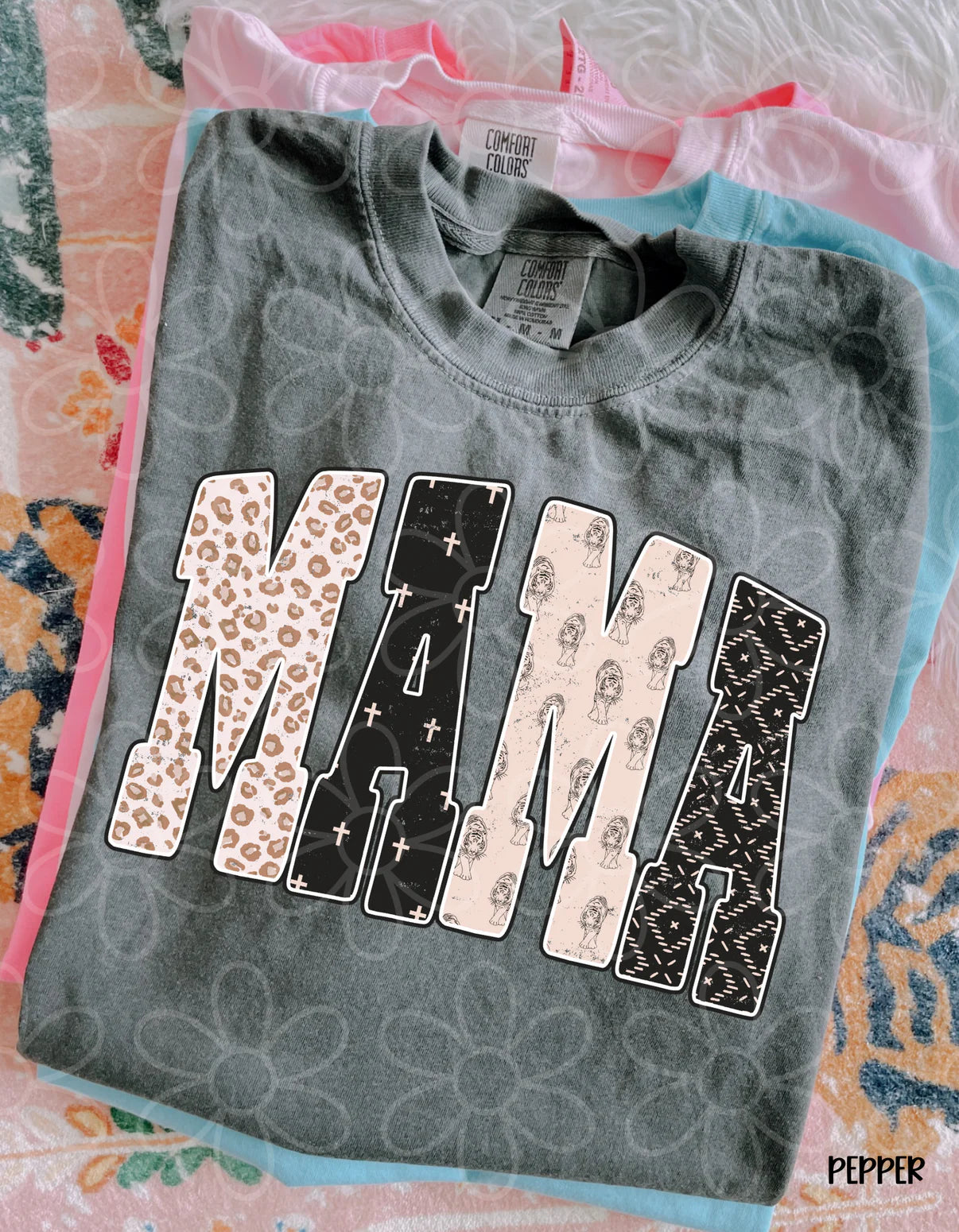 MaMa Tan & Black Patterns Comfort Colors Tee