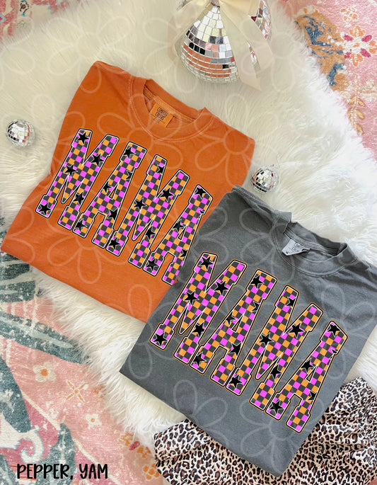 Mama Pink & Orange Checkered Stars Halloween tee/crewneck