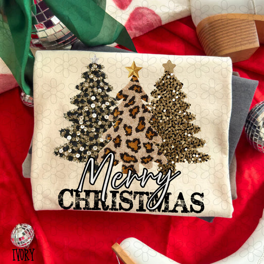 Merry Christmas Leopard Sequins Trees Tee- Kids & Adults