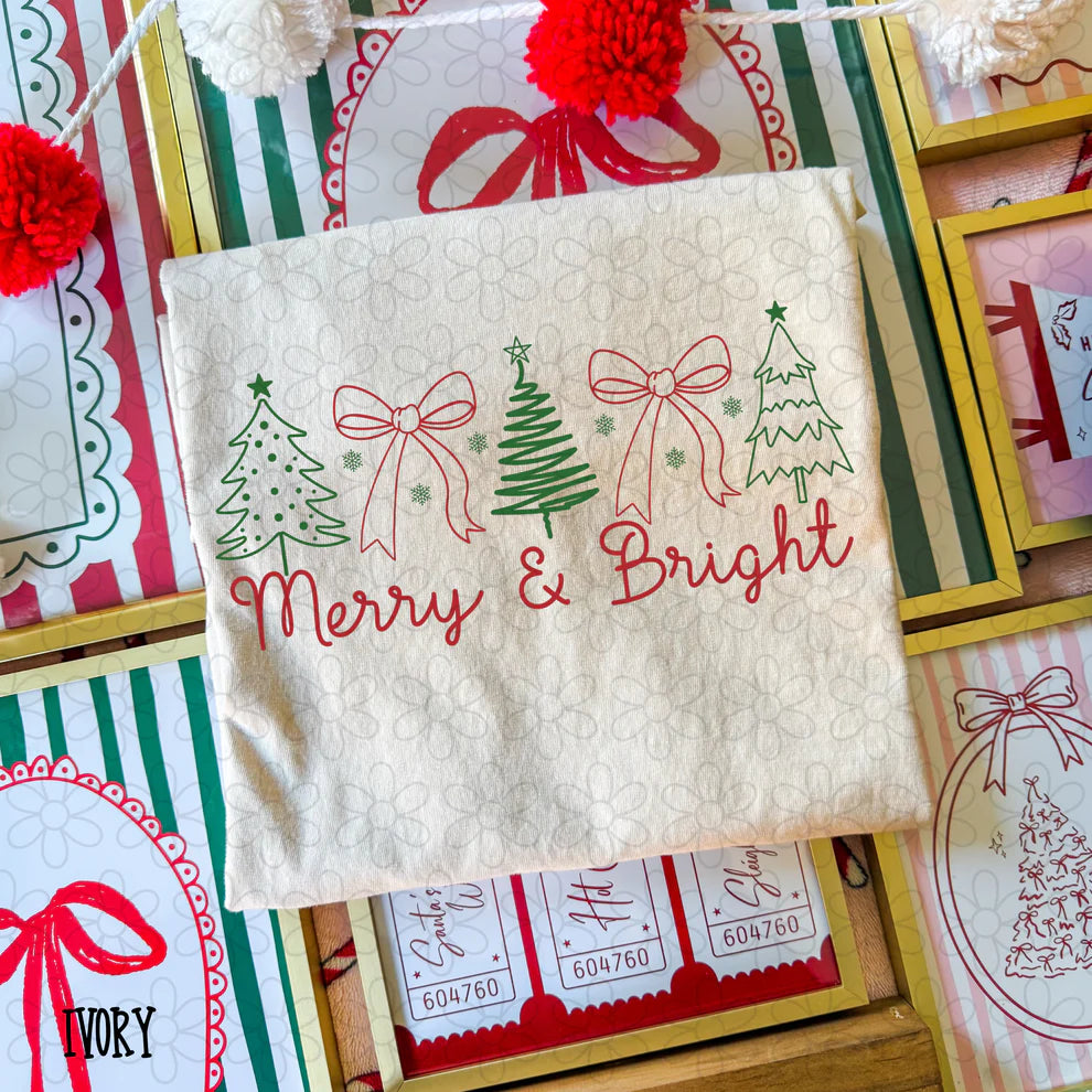 Merry & Bright Christmas Trees Bows Tee- Kids & Adults