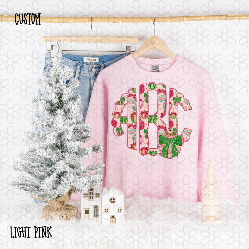 Pink Green Christmas Ornaments Monogram Tee- Kids & Adults