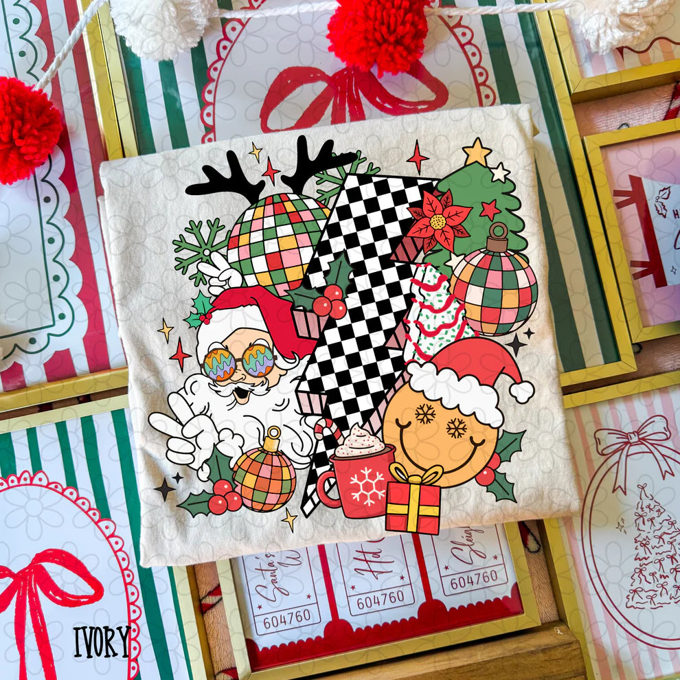 Retro Christmas Checkered Bolt Tee- Kids & Adults