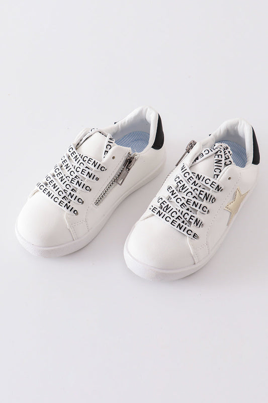 Kids White & Gold Star Glitter Sneakers