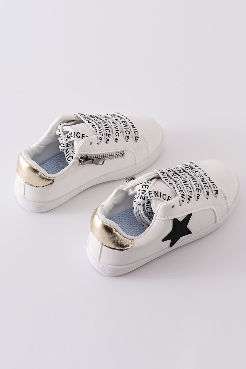 Kids White & Black Star Glitter Sneakers