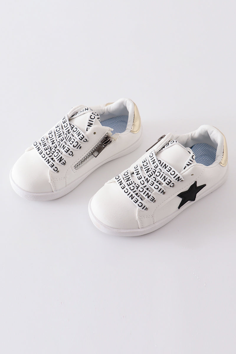 Kids White & Black Star Glitter Sneakers