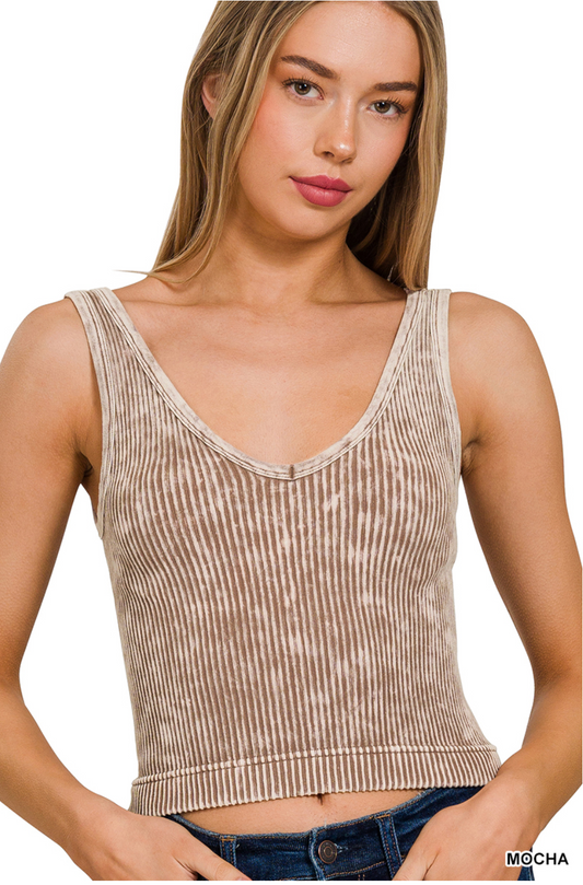 Washed Ribbed V-Neck & Square Neck 2 Way Tank- Ash Mocha