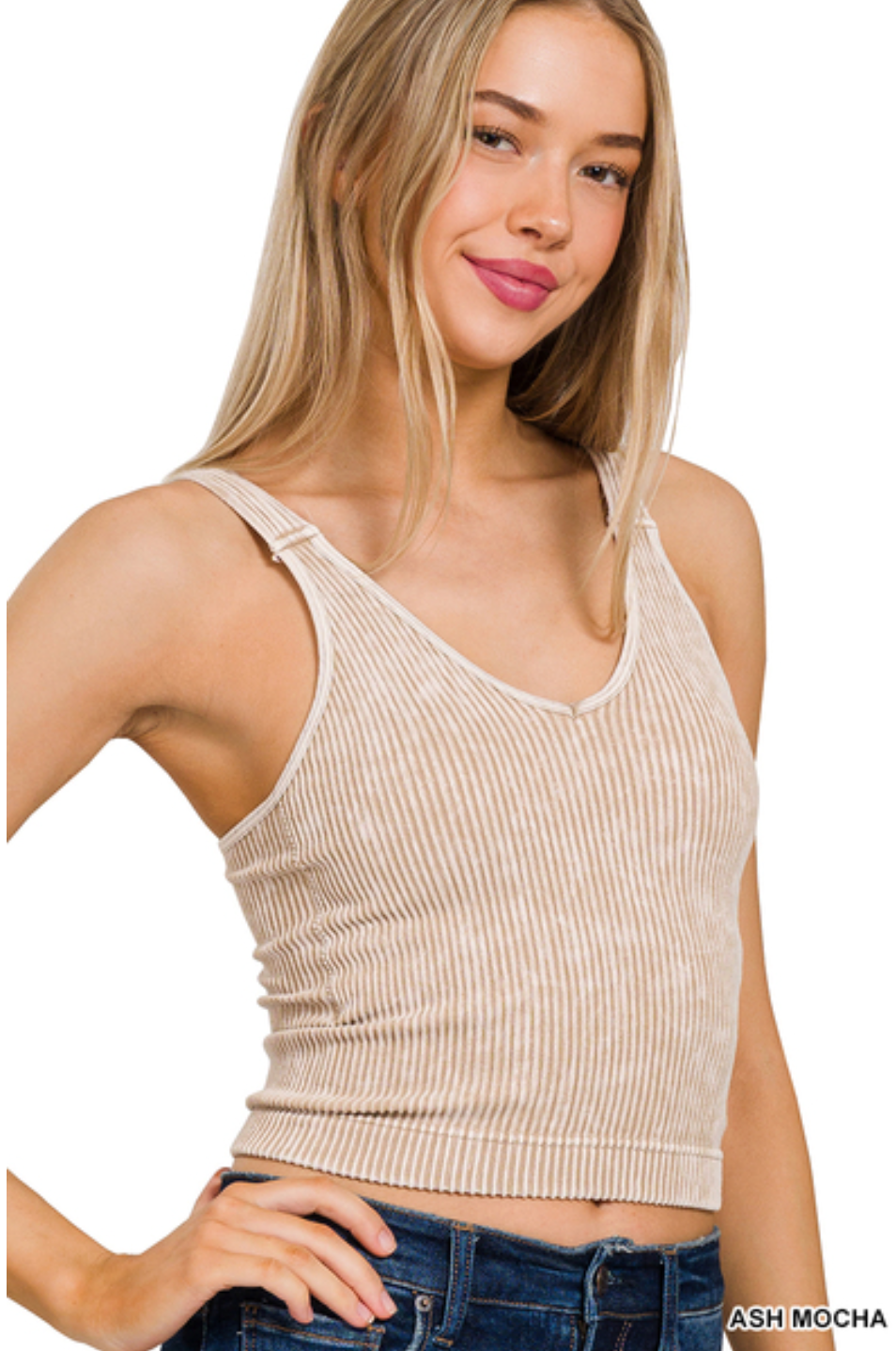 Washed Ribbed Seamless Bra Padded V-Neck Tank- Ash Mocha