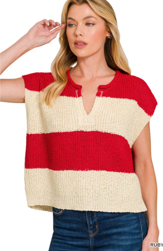 Split Neck Sleeveless Stripped Sweater- Red