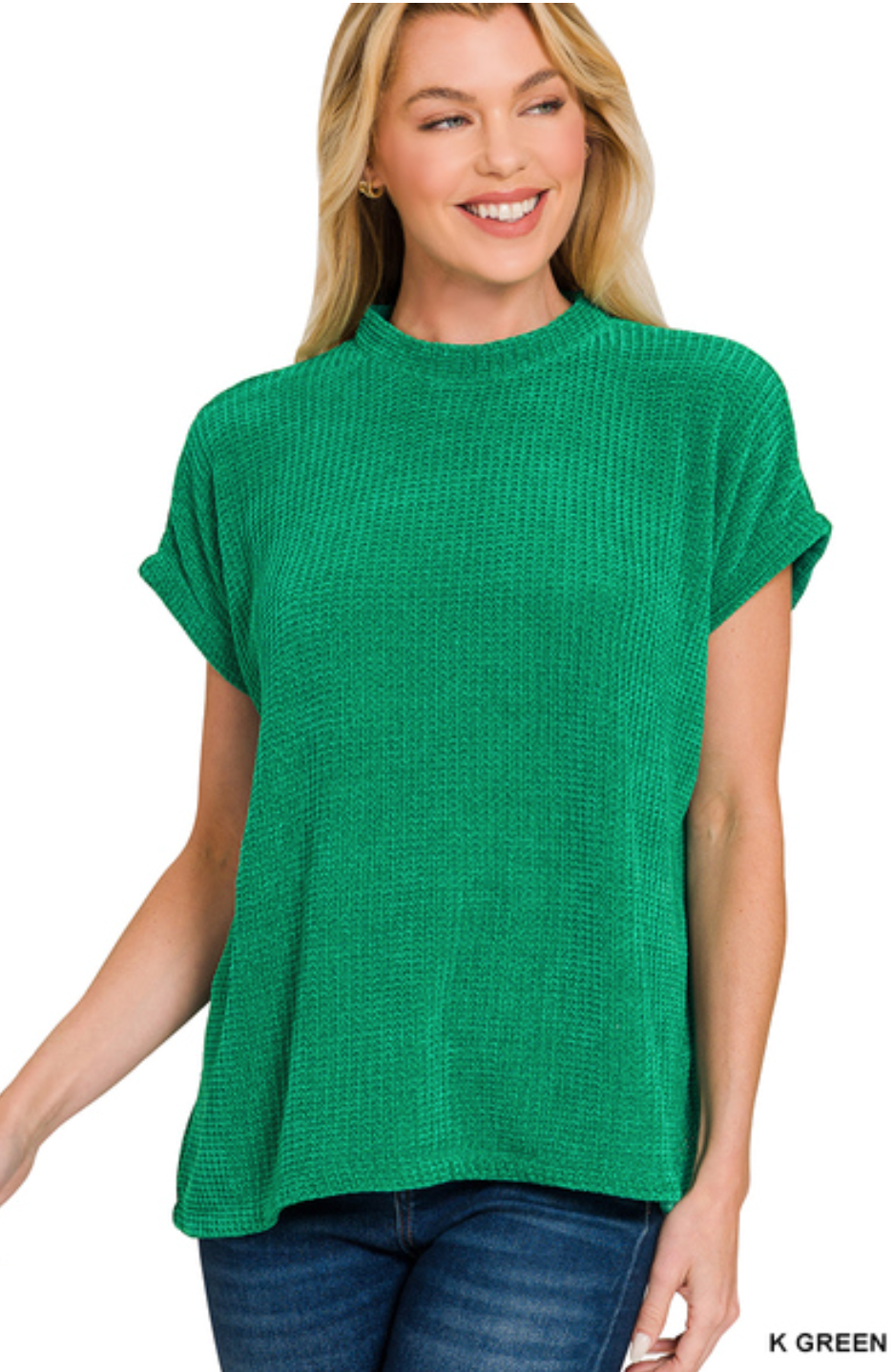 Chenille Waffle Cap Sleeve Sweater- Kelly Green