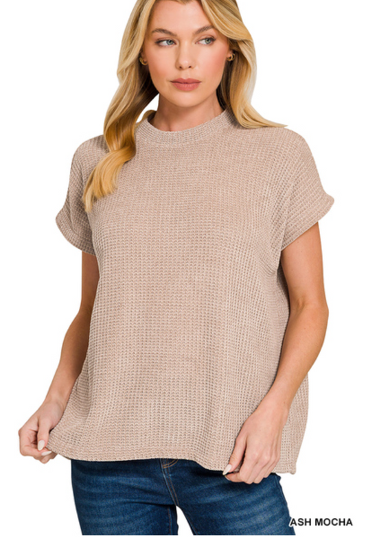 Chenille Waffle Cap Sleeve Sweater- Ash Mocha