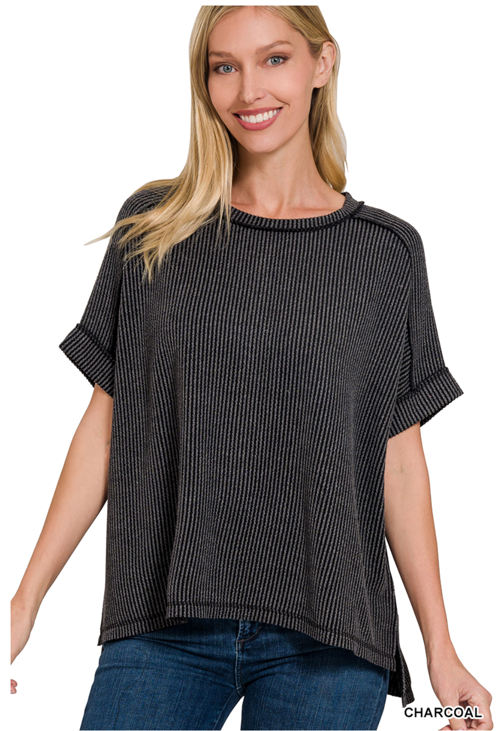 Raised Ribbed Cuff Sleeve Raw Edge Top-Black