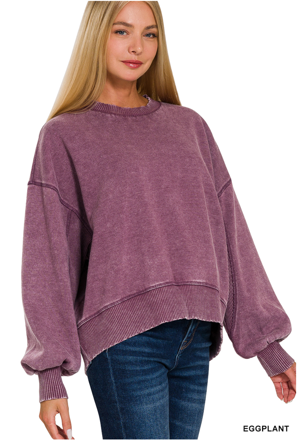 Acid Wash Fleece Oversized Pullover-Eggplant