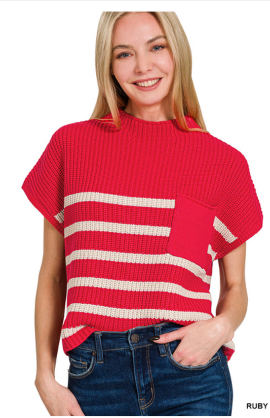 Short sleeve Striped Sweater- Red
