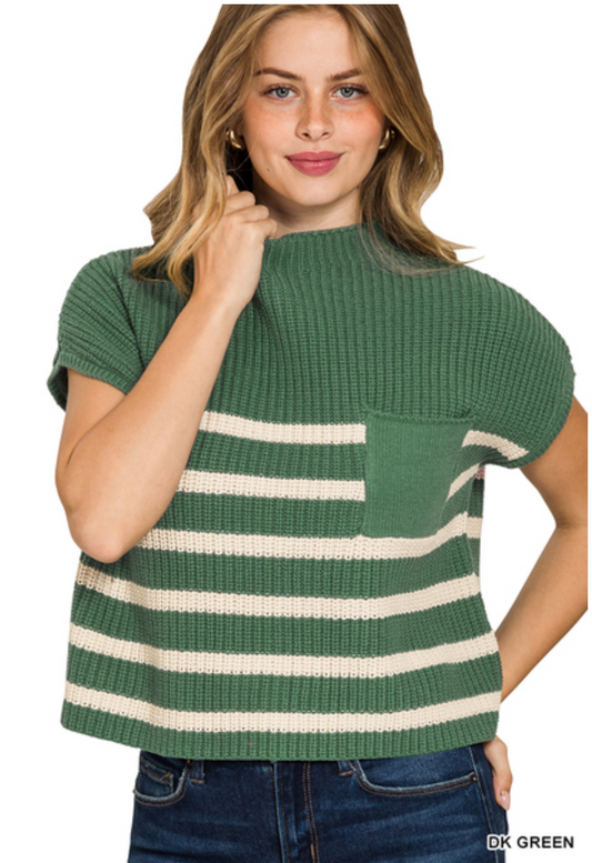Short sleeve Striped Sweater-Dark Green