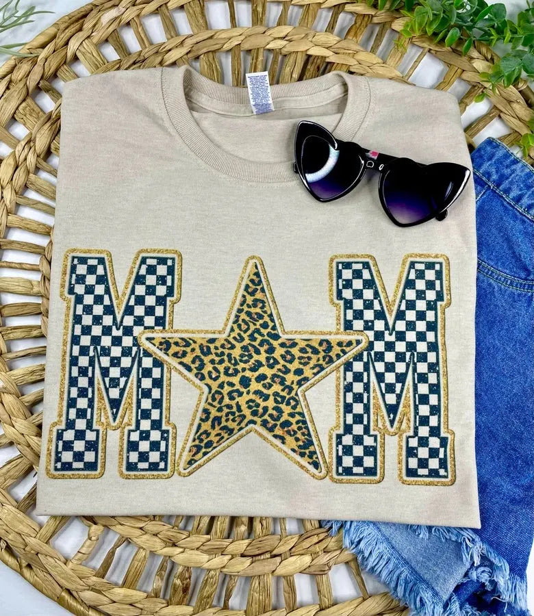 Mom Checkered Leopard Star Graphic Tee