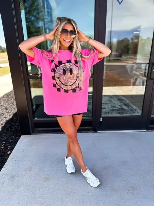 Camo Smiley Neon Pink Comfort Colors Graphic Tee