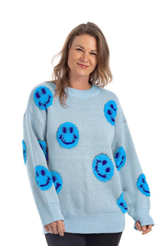 Light Blue Happy Face Crewneck Sweater